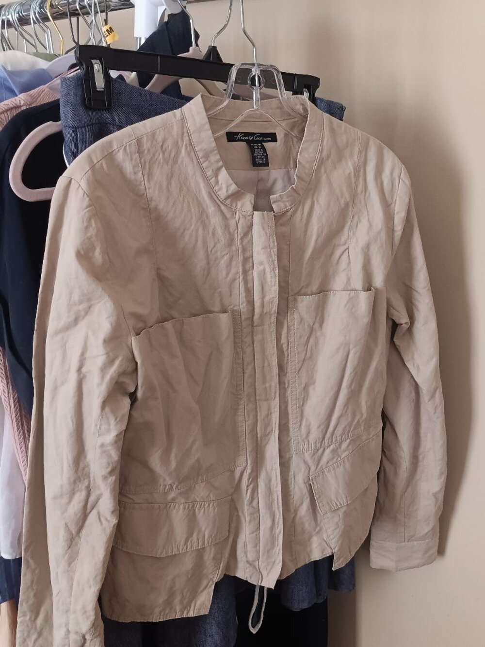 Khaki Standup Collar and Tulip Hemline Jacket with Pockets 1990s Size Medium